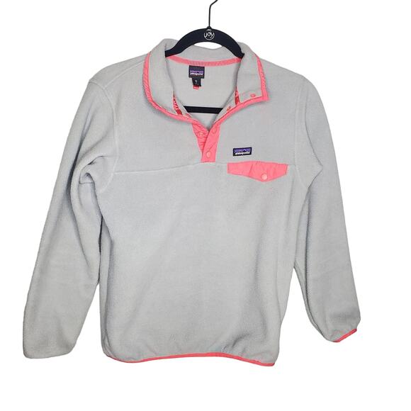 Patagonia Synchilla Snap T Pull Over Jacket Grey Fleece Pink Trim Kids 14 XL